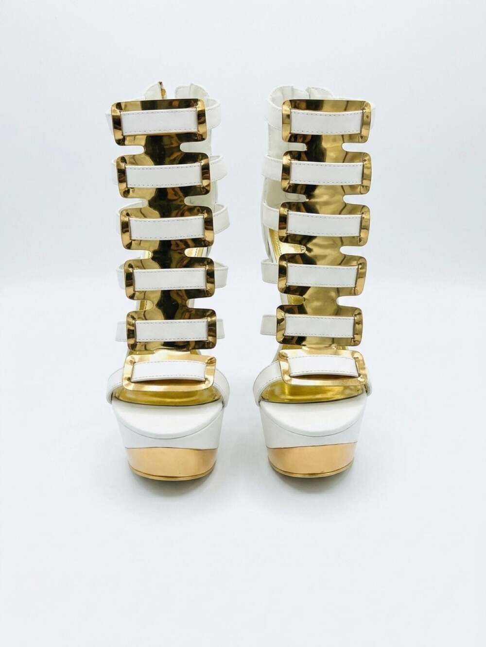 Shiekh White and Gold Strappy Platform High Heel Stiletto Sandals Size 8.5